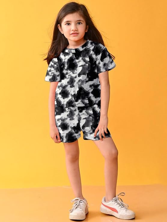 Girls Printed Night Suit | Sleepwear | Nightwear Tie & Dye Loungewear with Top and Shorts for Kids Girl