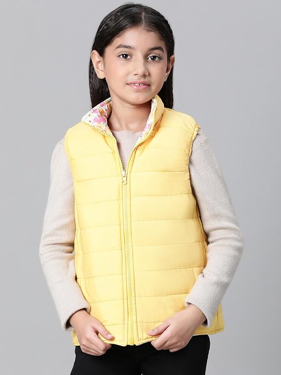 Kids Girl Floral Print Zip Lined Sleeveless Reversible Quilted Jacket