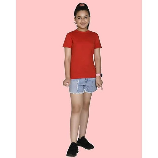 Girl's Colored Bio Washed Plain Cotton Short Sleeve Solid T-Shirt
