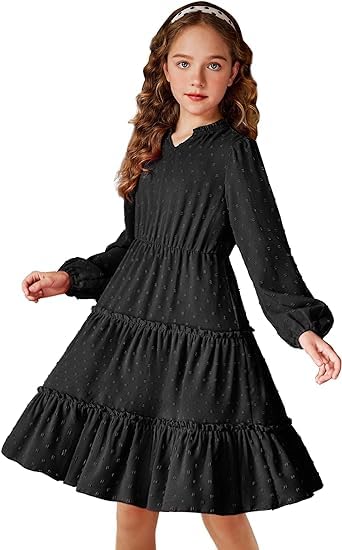 Kid's Girl's Ruffle Tiered Swiss Dot Midi Skater Dresses