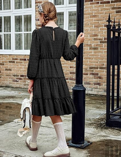 Kid's Girl's Ruffle Tiered Swiss Dot Midi Skater Dresses