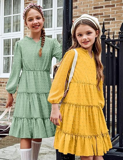 Kid's Girl's Ruffle Tiered Swiss Dot Midi Skater Dresses