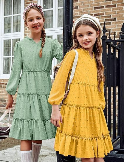 Kid's Girl's Ruffle Tiered Swiss Dot Midi Skater Dresses