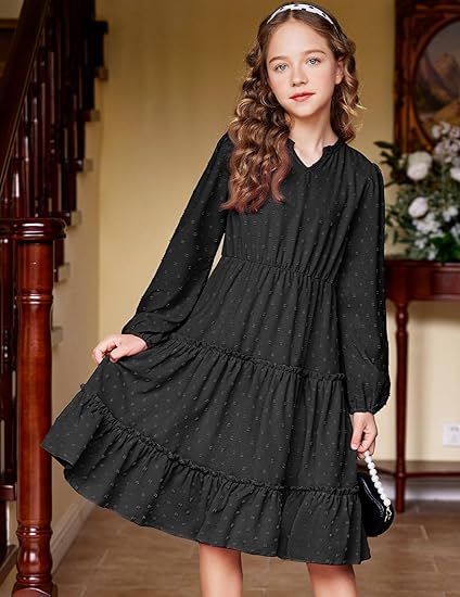 Kid's Girl's Ruffle Tiered Swiss Dot Midi Skater Dresses