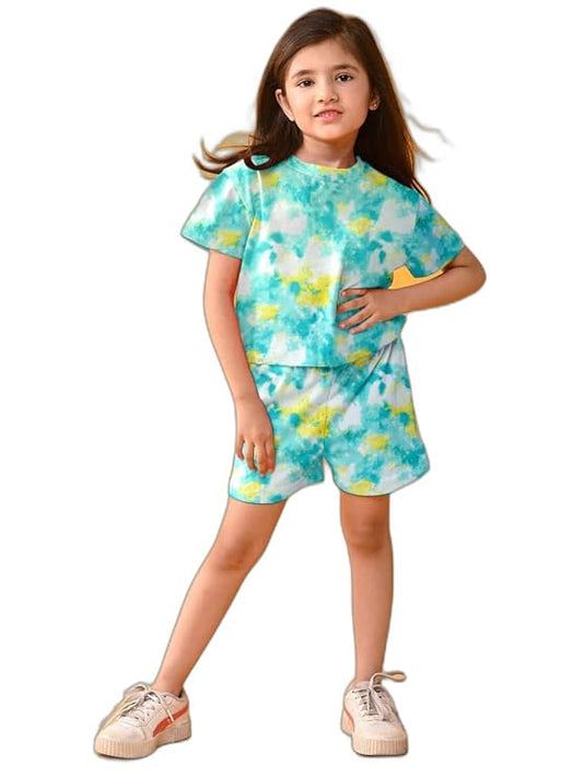 Girls Printed Night Suit | Sleepwear | Nightwear Tie & Dye Loungewear with Top and Shorts for Kids Girl