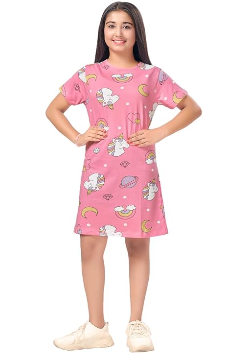 Nightdress for Girls | Cotton Blend Knee Length Half Sleeve Casual Dress for Girls | Girls Nightgown/Nightdress