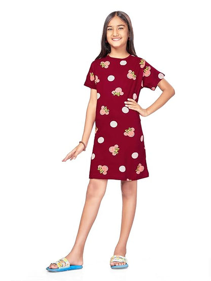 Nightdress for Girls | Cotton Blend Knee Length Half Sleeve Casual Dress for Girls | Girls Nightgown/Nightdress