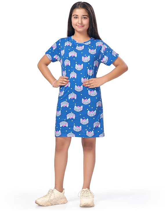 Nightdress for Girls | Cotton Blend Knee Length Half Sleeve Casual Dress for Girls | Girls Nightgown/Nightdress