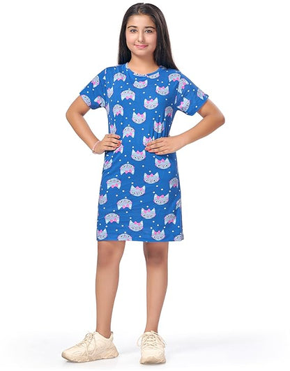 Nightdress for Girls | Cotton Blend Knee Length Half Sleeve Casual Dress for Girls | Girls Nightgown/Nightdress