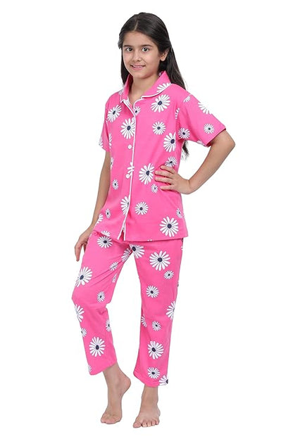 Girls' Printed Shirt & Pyjama Night Suit Set | Pure Cotton | Regular Fit, Comfortable, Short Sleeves, Spread Collar | Lounge Wear