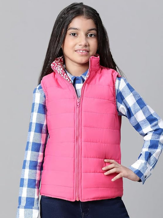 Kids Girl Floral Print Zip Lined Sleeveless Reversible Quilted Jacket