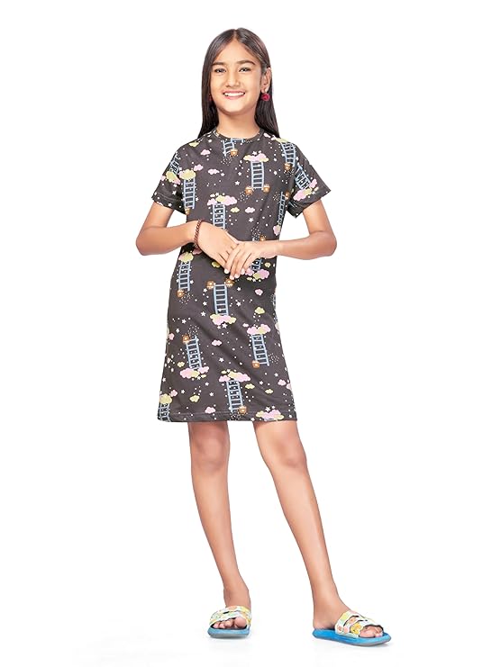 Nightdress for Girls | Cotton Blend Knee Length Half Sleeve Casual Dress for Girls | Girls Nightgown/Nightdress