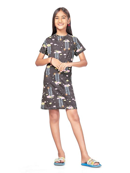 Nightdress for Girls | Cotton Blend Knee Length Half Sleeve Casual Dress for Girls | Girls Nightgown/Nightdress
