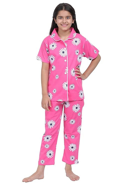 Girls' Printed Shirt & Pyjama Night Suit Set | Pure Cotton | Regular Fit, Comfortable, Short Sleeves, Spread Collar | Lounge Wear
