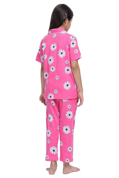 Girls' Printed Shirt & Pyjama Night Suit Set | Pure Cotton | Regular Fit, Comfortable, Short Sleeves, Spread Collar | Lounge Wear