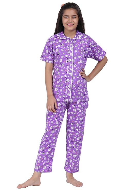 Girls' Printed Shirt & Pyjama Night Suit Set | Pure Cotton | Regular Fit, Comfortable, Short Sleeves, Spread Collar | Lounge Wear