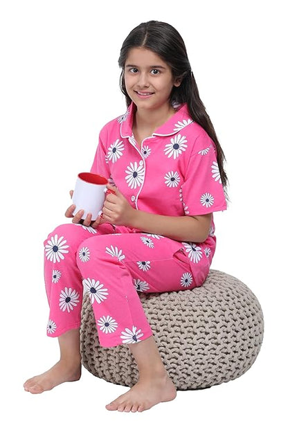 Girls' Printed Shirt & Pyjama Night Suit Set | Pure Cotton | Regular Fit, Comfortable, Short Sleeves, Spread Collar | Lounge Wear
