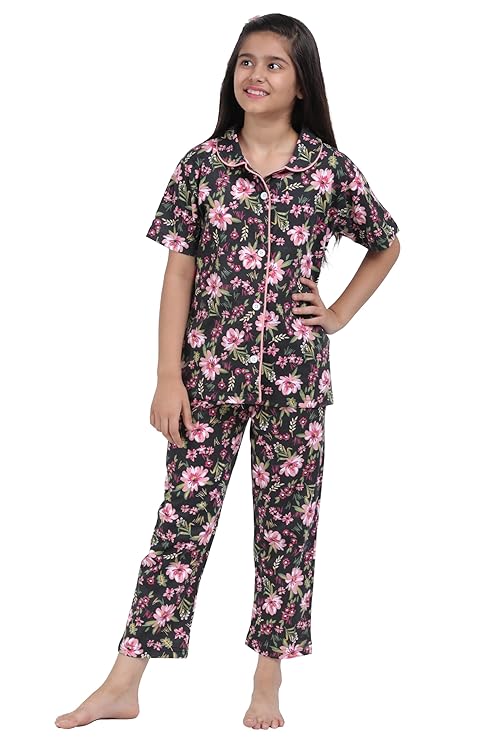 Girls' Printed Shirt & Pyjama Night Suit Set | Pure Cotton | Regular Fit, Comfortable, Short Sleeves, Spread Collar | Lounge Wear