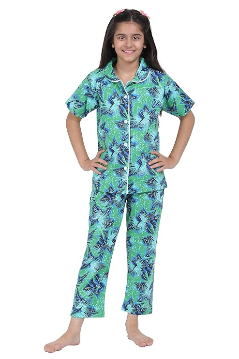 Girls' Printed Shirt & Pyjama Night Suit Set | Pure Cotton | Regular Fit, Comfortable, Short Sleeves, Spread Collar | Lounge Wear