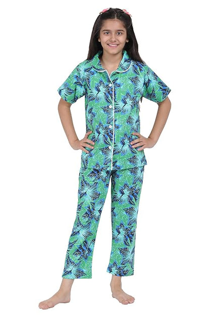 Girls' Printed Shirt & Pyjama Night Suit Set | Pure Cotton | Regular Fit, Comfortable, Short Sleeves, Spread Collar | Lounge Wear
