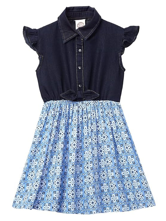 7 Years Girls Dress | Cotton Half Denim -Dark Blue Kids Dress for Girls| Cap Sleeves Stlylish Fashion Wear Girls Frock