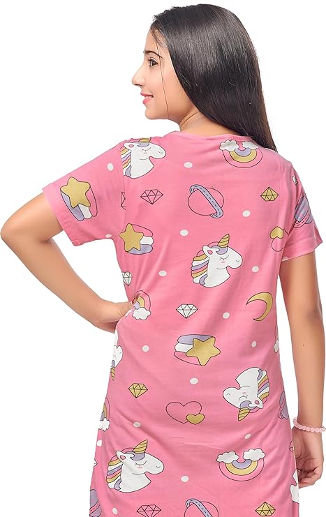 Nightdress for Girls | Cotton Blend Knee Length Half Sleeve Casual Dress for Girls | Girls Nightgown/Nightdress