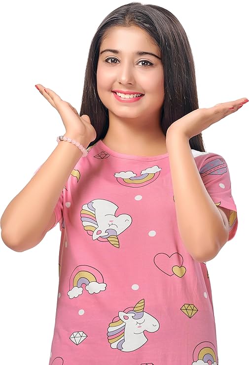 Nightdress for Girls | Cotton Blend Knee Length Half Sleeve Casual Dress for Girls | Girls Nightgown/Nightdress